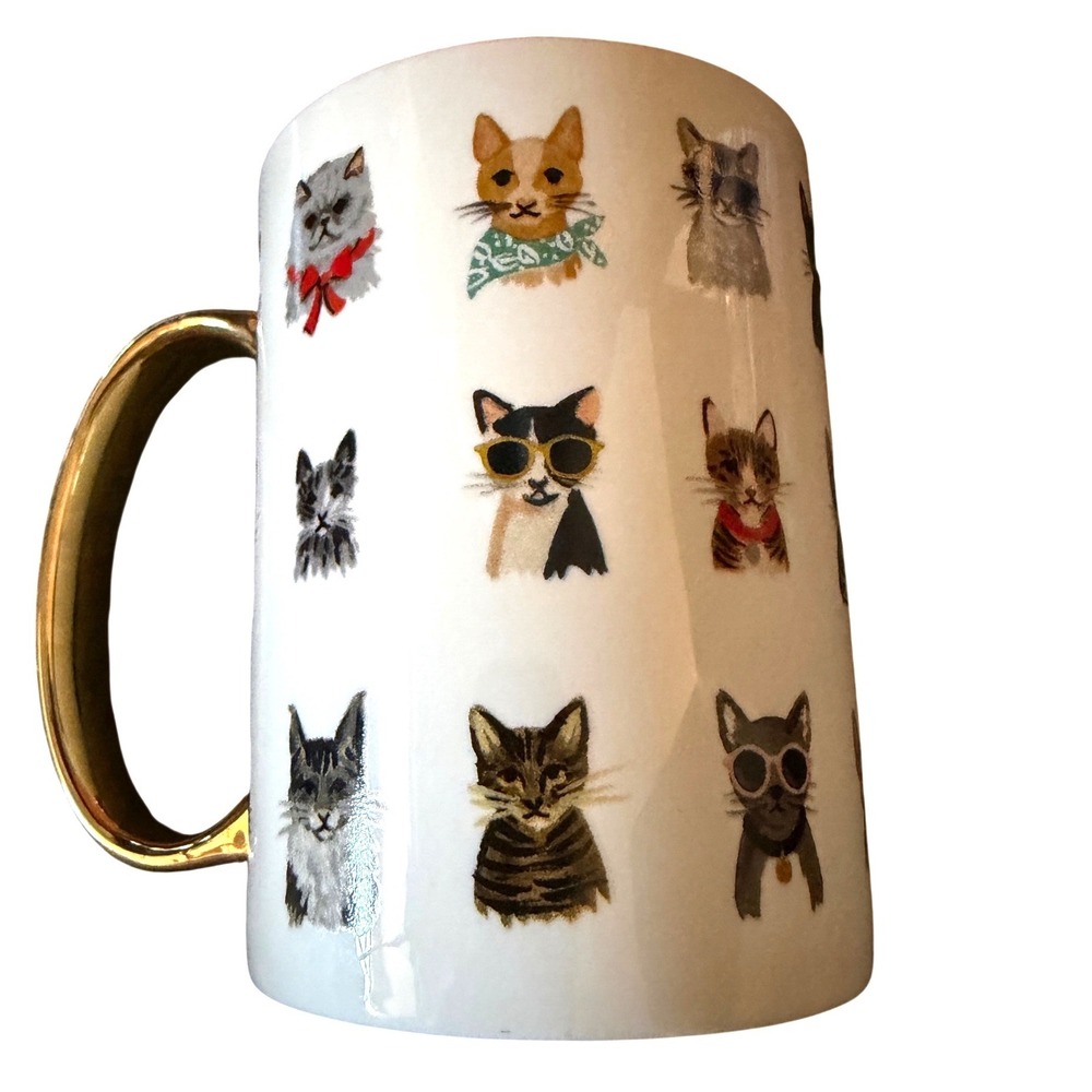 Rifle Paper Co Illustrated Cats Mug White Gold Handle Whimsical Pet